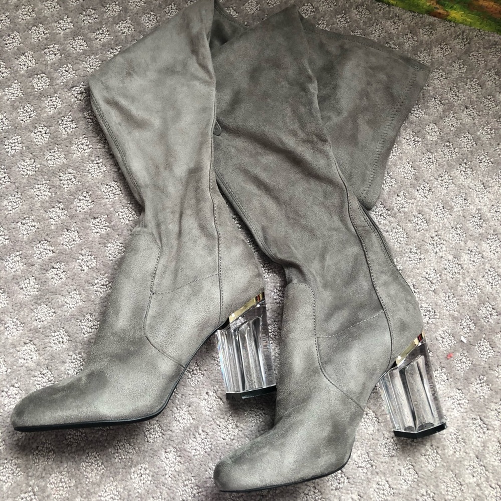 Grey Faux Suede Thigh High Boots